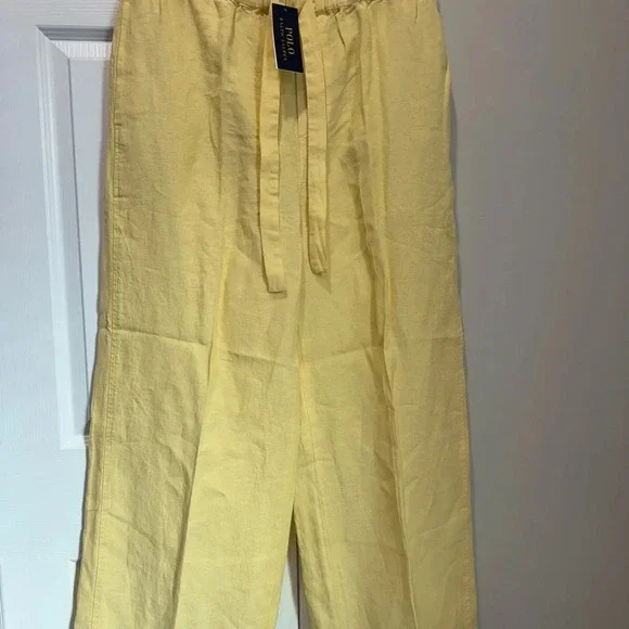 POLO RALPH LAUREN HIGH-WAISTED WIDE-LEG LINEN PANTS IN YELLOW Sz : L